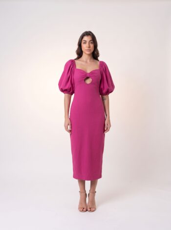 VESTIDO AMARANTE MIDI MANGAS BUFANTE FUCSIA