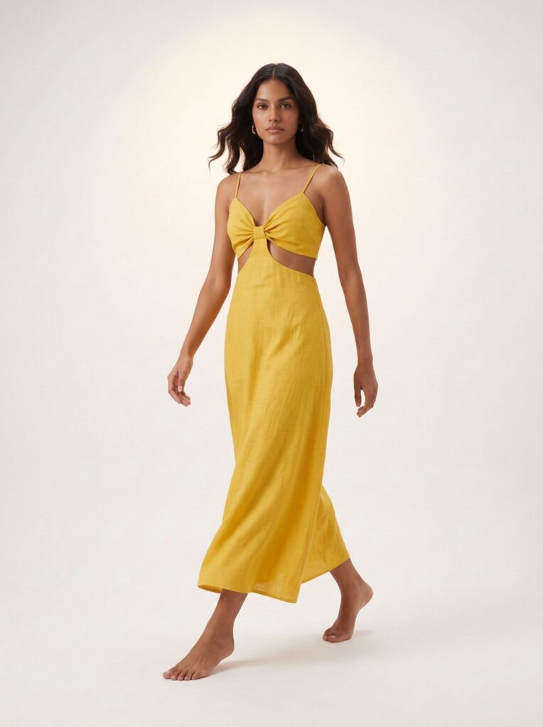 VESTIDO AMISSIMA MOSTARDA MIDI EM LINHO